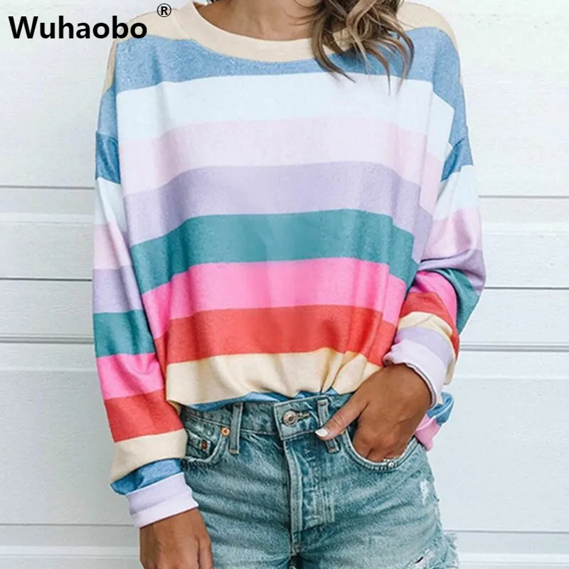 Wuhaobo Демисезонный Повседневная Толстовка, худи модная футболка с длинными рукавами, круглым вырезом и принтом золотистого цвета в полоску