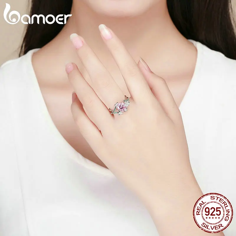 BAMOER, 925 пробы, серебряные, секретный сад, цветок, бабочка, кольца на палец для женщин, розовый CZ, обручальное кольцо, ювелирные изделия BSR010