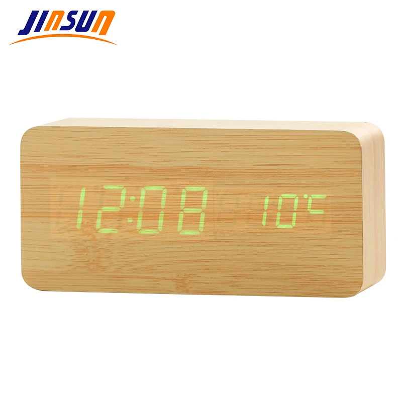 Jinsun удара LED будильник время/дата/температура цифровой древесины бамбука Voice Настольные Часы LED Дисплей рабочего Цифровой Таблица часы