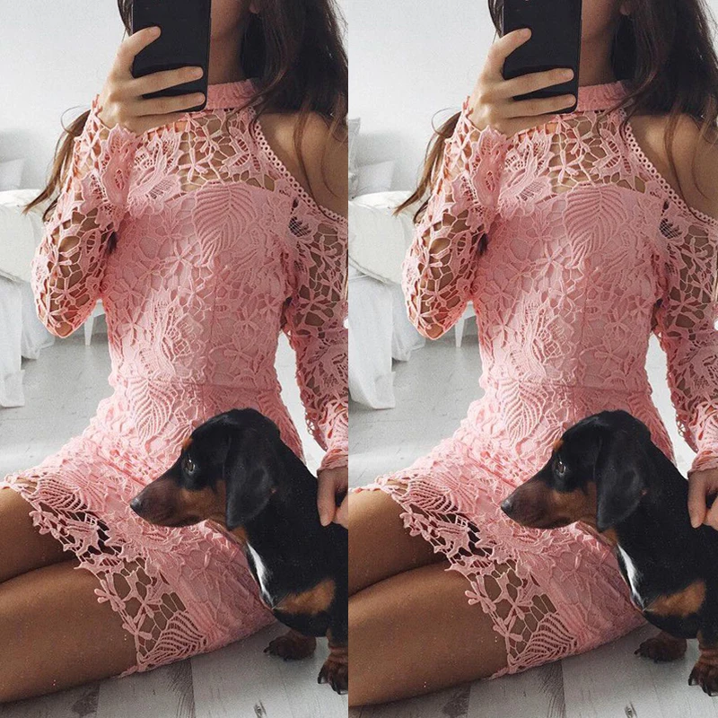 

Elegant Women Dresses Summer Lace Long Sleeve Evening Party Short Mini Dress