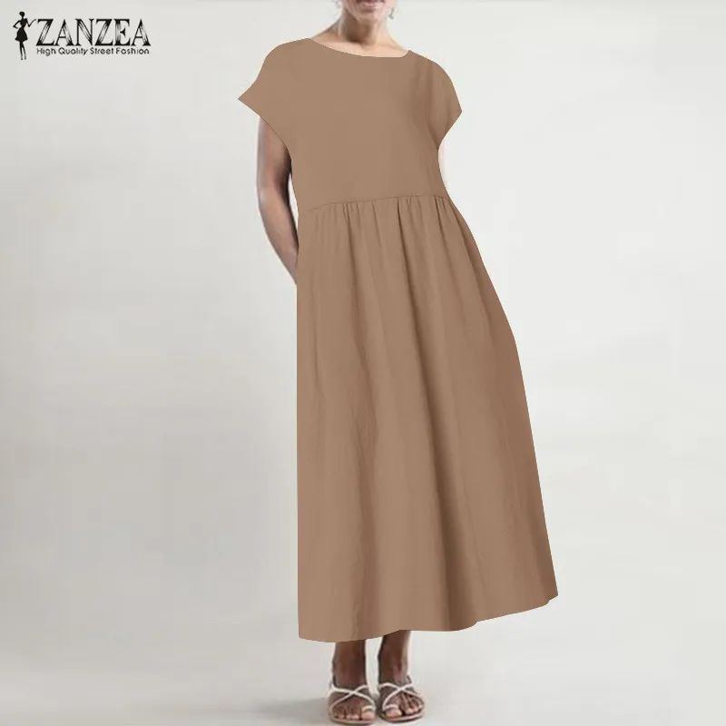 Женский льняной сарафан ZANZEA, Повседневное платье с коротким рукавом, Vestidos размера плюс, летнее платье до середины икры, женское Плиссированное Платье, Femme S-5XL