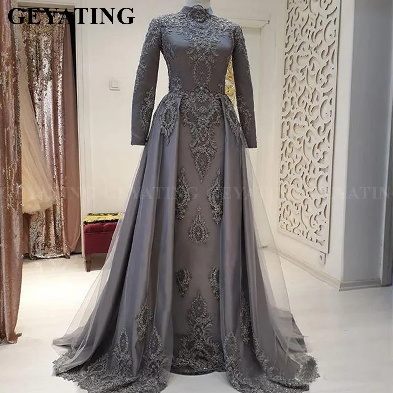 Элегантное серое мусульманское арабское вечернее платье с высокой горловиной и длинными рукавами, Дубай, женские вечерние платья для выпускного вечера, длинные платья размера плюс вечерние платья