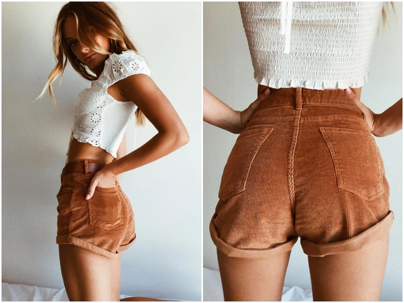 JaMerry Vintage corduroy high waist shorts bottoms women Casual streetwear shorts female Loose summer button short shorts