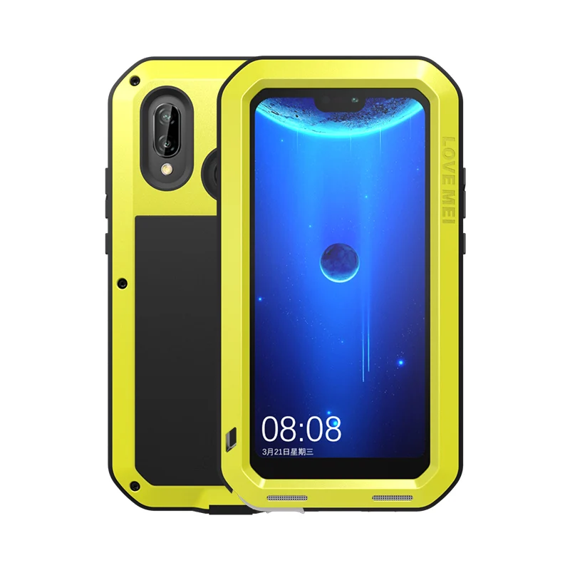 Цвет: желтый Мощные чехлы для телефонов LOVE MEI для huawei P20 Lite, чехол Nova 3e, сверхмощный ударопрочный чехол из ТПУ, жесткий металлический чехол, закаленное стекло - Цвет: Цвет: желтый