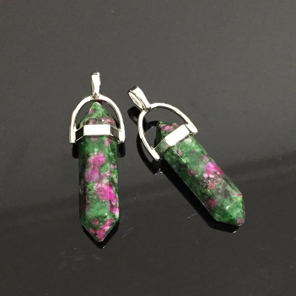 

Retro Natural Stone Pendants Silver Color Bullet Hexagonal Pendulum Quartz Green Stone Rubys Zoisite Chakra Reiki Stone Pendants