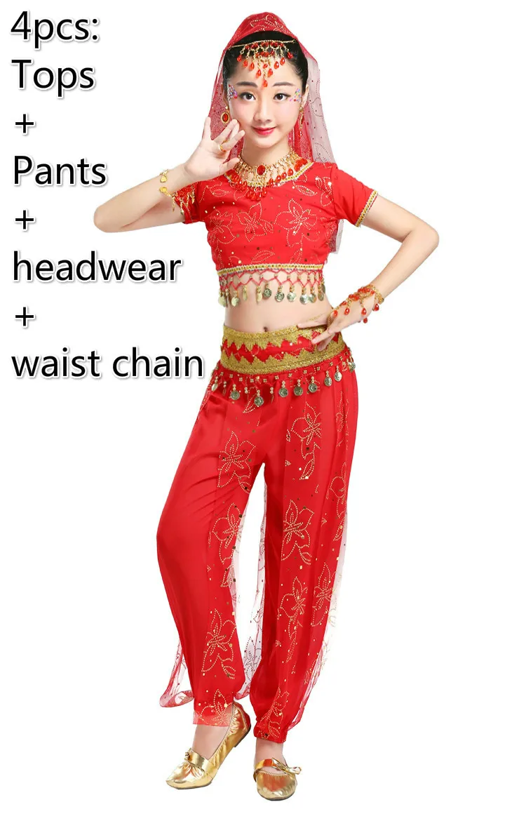 4pcs red Детские восточные костюмы для танца живота, одежда для соревнований, детская одежда для индийских танцев, одежда для выступлений, танцевальная одежда Болливуда, 3 цвета - Цвет: 4pcs red