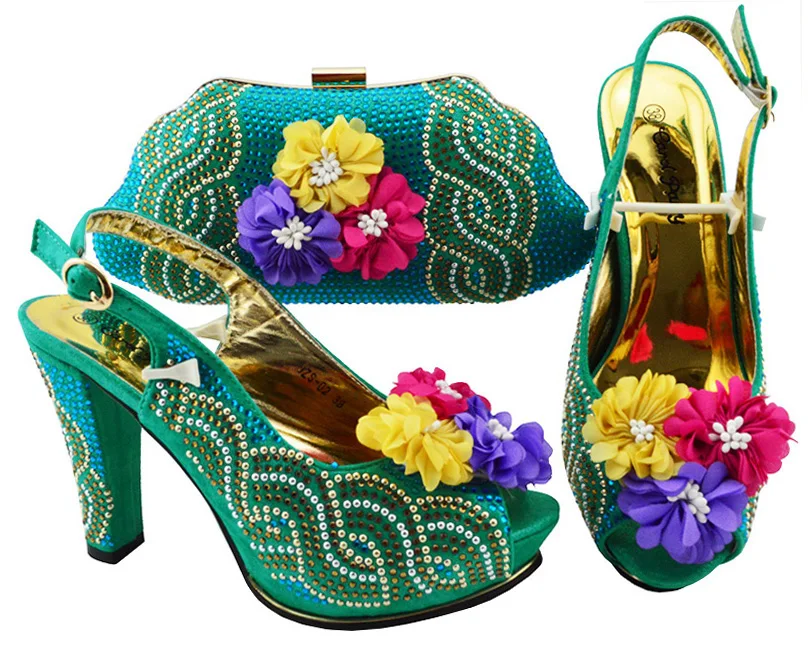 

New arrival shoes and bag to match women italian teal green shoes bag matching set with flowers stones size 38 to 43 SB8193-5