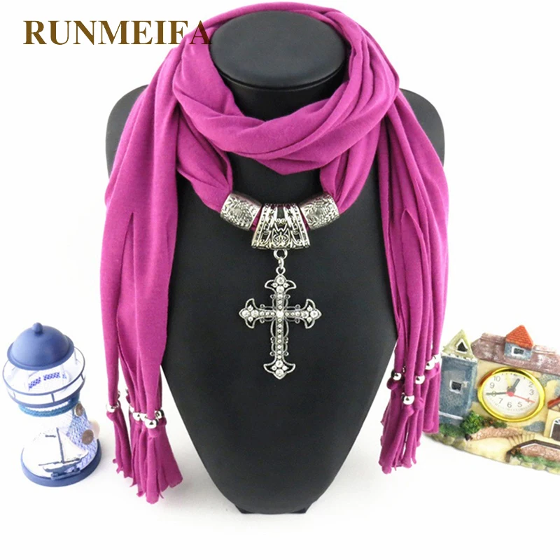 [RUNMEIFA] шарфы для женщин, 6 цветов, модный шарф с кисточками, шарф с украшениями с крестиком, очень удобный шелковый шарф, аксессуары