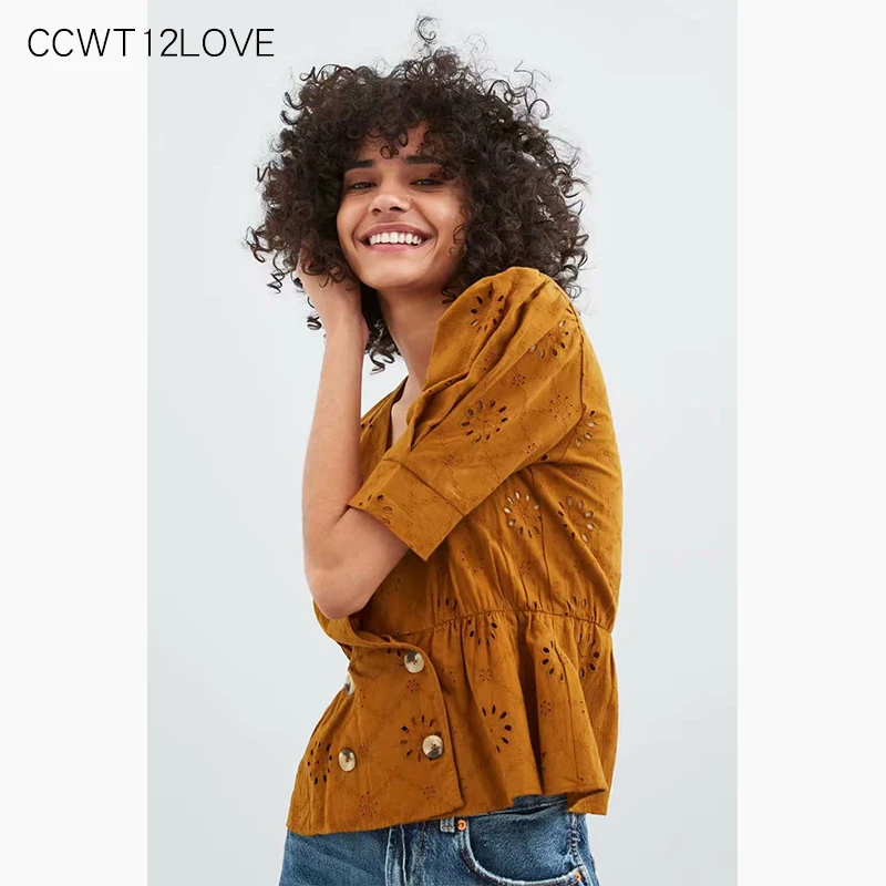 Highstreet Crop Top Женская летняя рубашка с v-образным вырезом и коротким рукавом 2019, женские рубашки с рукавами-фонариками, хлопковые свободные