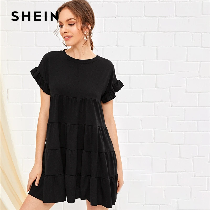 SHEIN черное однотонное платье с рюшами, женское летнее платье с круглым вырезом и высокой талией, Дамское короткое платье, свободное милое платье трапециевидной формы