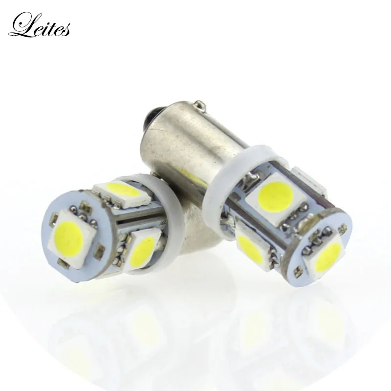 Лейтес 100 шт. BA9S 5050 5SMD 1,2 W 6500K 70LM 12V лампа прибора Автомобильный светодиодный Подсветка регистрационного номера 2v светодиодный штык лампы