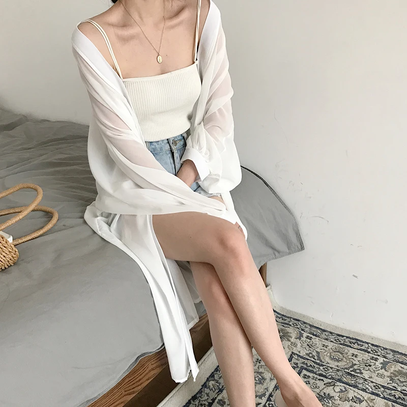 Neploe шифоновый кардиган с длинными рукавами, куртка, Корейская Повседневная Солнцезащитная рубашка,, летняя пляжная Стильная верхняя одежда средней длины 53151