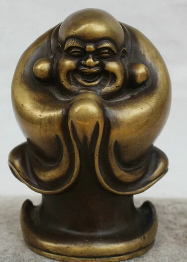 

JP S62 8" Chinese Copper Feng Shui Folk bless stand Happy Laugh Maitreya Buddha Statue