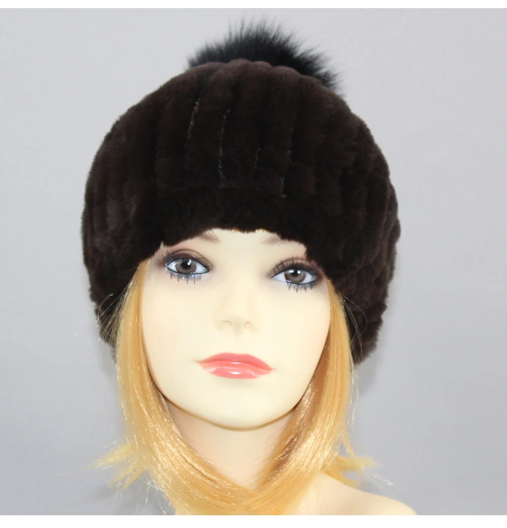 Горячая Зимний Настоящий мех кролика шляпа с помпон из лисьего меха женские зимние эластичные вязаные Настоящий мех кролика шапки