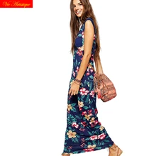 2018 summer bohemian style tropical plants stamp affixed cloth bag dresses slim fit female floral long dress dark navy