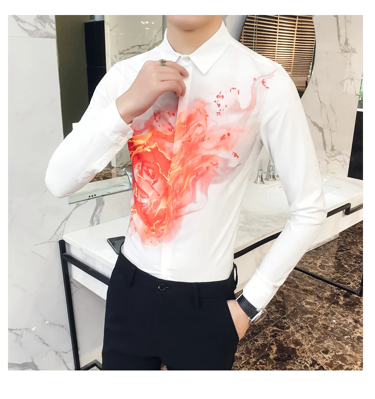 Новинка, мужская рубашка, простая, уличная, Chemise Homme, рубашка с огненным принтом, мужская рубашка с длинным рукавом, подходит ко всему, Camisa Masculina, приталенное платье