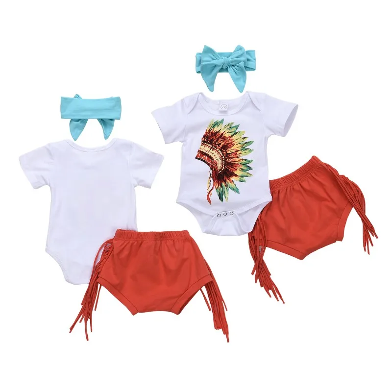 

Baby Girl Jumpsuit Romper Clothing Set Girl Summer Dream Catcher Printing Harem + Spikes Shorts + Hood Three-Piece Suit