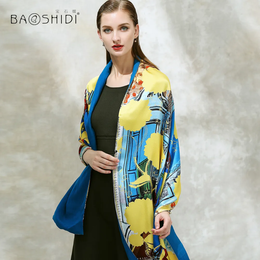 [BAOSHDI] двухслойная цифровая шёлковая печать и 50% шелк с 50% шерсть dyening шарф женский, роскошный модный длинный шарф