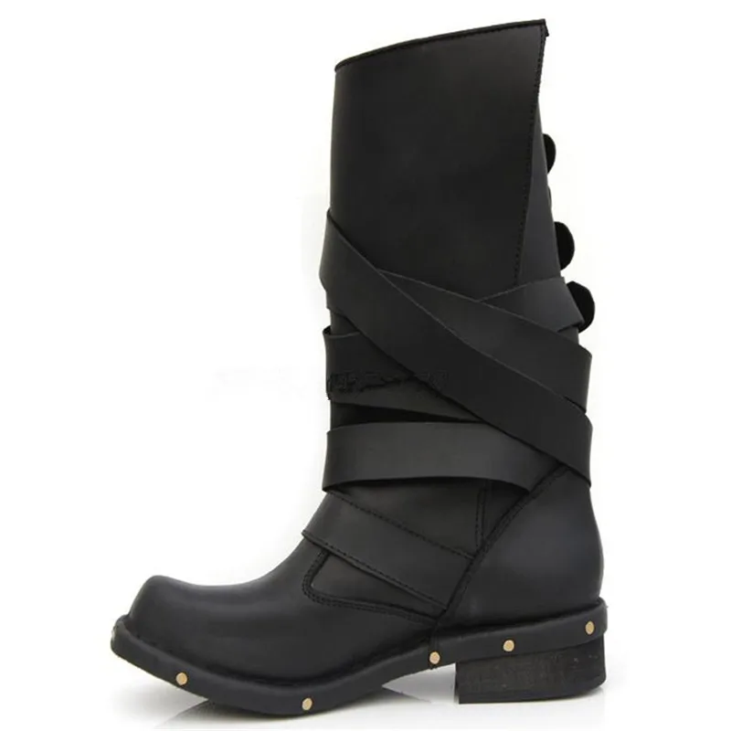 Cowboy marron Militaire Bretelles Moto Mabaiwan Noir Chaussures Vintage Boucle Main Cuir Rivets Mi En Femme mollet Véritable Bottes Femmes 6w6EUq