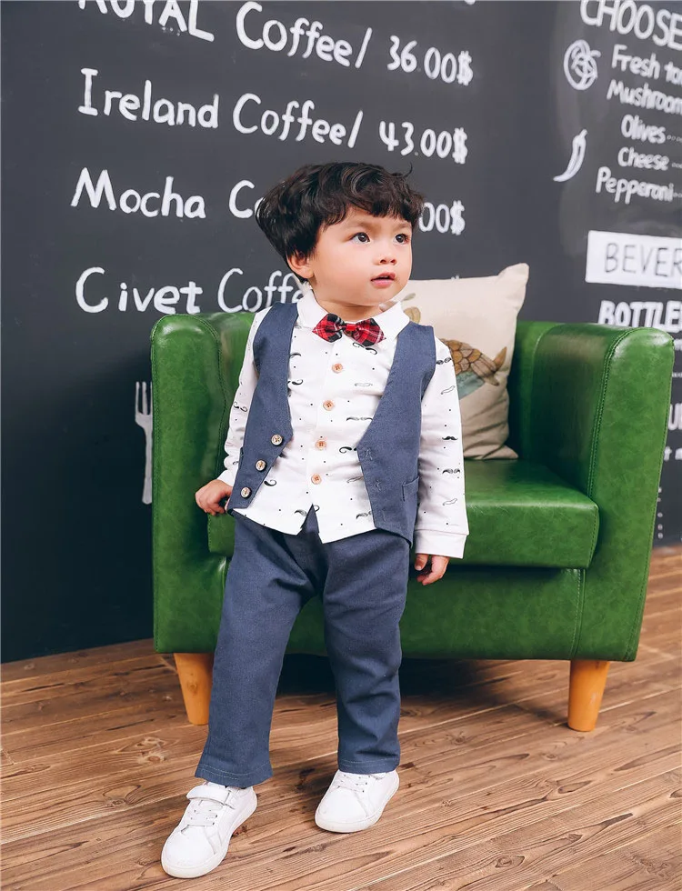 Детская одежда для детей 1, 2, 3, 4, 5 лет, весенне-осенняя одежда комплект из 3 предметов, рубашка штаны с длинными рукавами, брюки, жилет, костюм