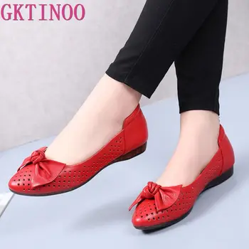 

GKTINOO Breathable Genuine Leather Summer Shoes Woman 2020 Flat Heels Bowknot Hollow Out Leather Slip On Shoes For Women Soft