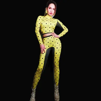 

New Fashion 2 Pieces Set Crop Top and Pants Yellow Stretch Sequined Rompers Nightclub Party Show Celebrate Bodysuit Stage Wear