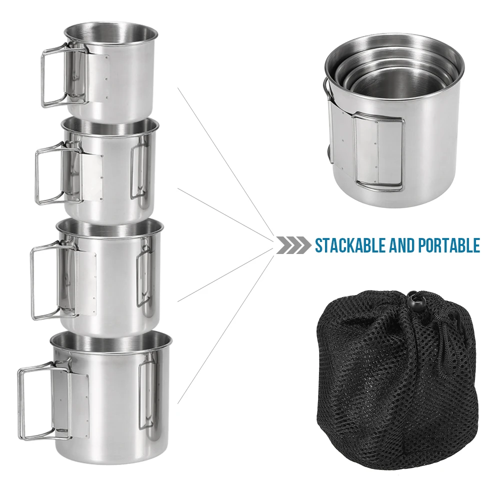 

4Pcs Stainless Steel Cups Set Outdoor Tableware Pot Water Mug Cup With Foldable Handles For Camping Picnic Hiking Travel