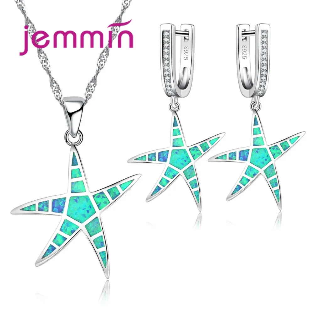 

Jemmin S925 Stamped Fine Blue Fire Opal Sea Star Statement Necklace Earrings Sets For Party Jewelry Sterling Silver Jewelry Set