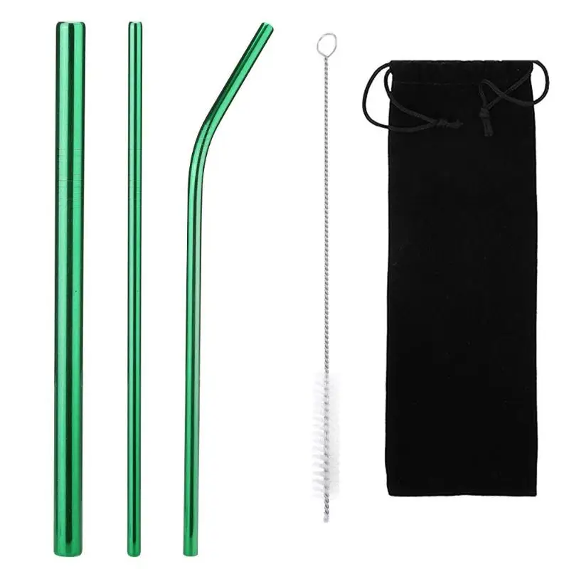 5pcs/set Reusable Stainless Steel Straw Metal Drinking Straight Bend Straws - Цвет: Зеленый