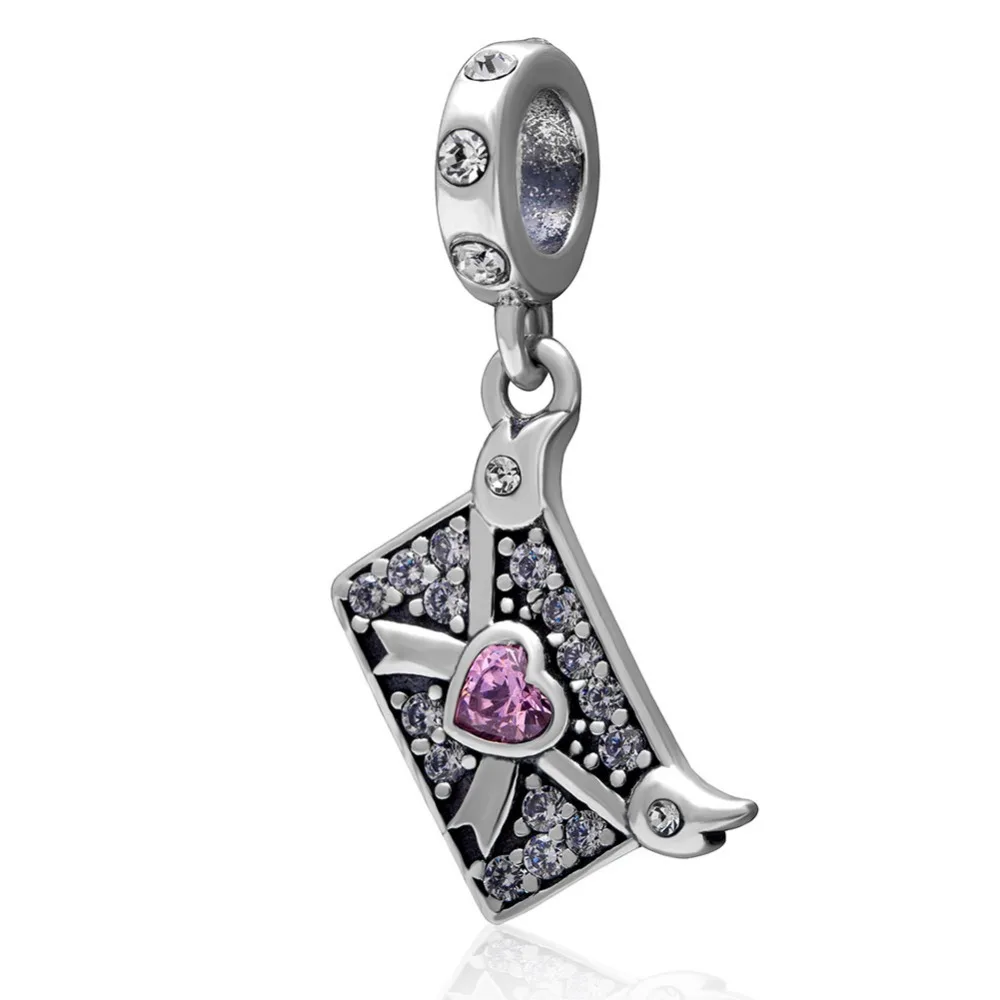 

2016 New Style Original 925 Sterling Silver Pink Envelope Depant Charm with Pink CZ Fits for DIY Bracelets Free Shipping