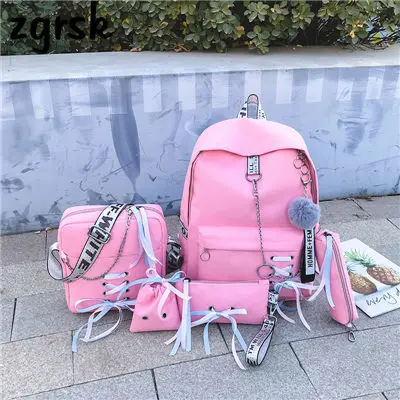 pink Set Цепь USB рюкзак Для женщин Холст 5 шт./компл. Для женщин рюкзак для девочек-подростков рюкзаки сумки через плечо женские школьные сумки с кисточками - Цвет: pink Set