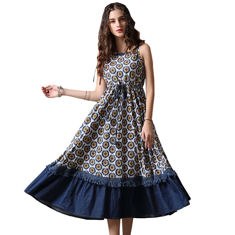 MUXU Цветочные джинсовые женские платья пэчворк vestidos Длинное свободное платье на подтяжках robe kleider fashion vestido longo jurkjes femme