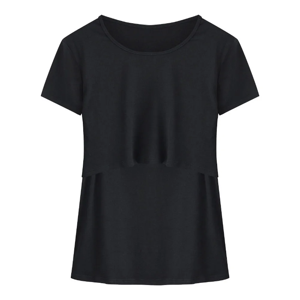 Блузка однотонная одежда для кормящих мам двухслойная блузка с короткими рукавами Повседневная футболка ropa premama embarazadas - Цвет: Черный
