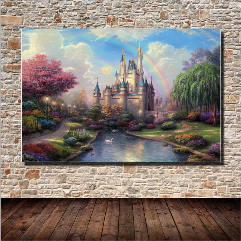 Very Beautiful Rainbow Castle Landscape Canvas Painting Wall Art Home