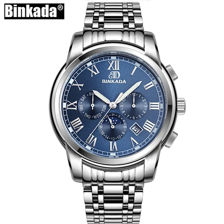 Silver Blue Moon Phase BINKADA спортивные часы мужские часы автоматические механические часы Moon Phase повседневные деловые наручные часы relojes hombre - Цвет: Silver Blue