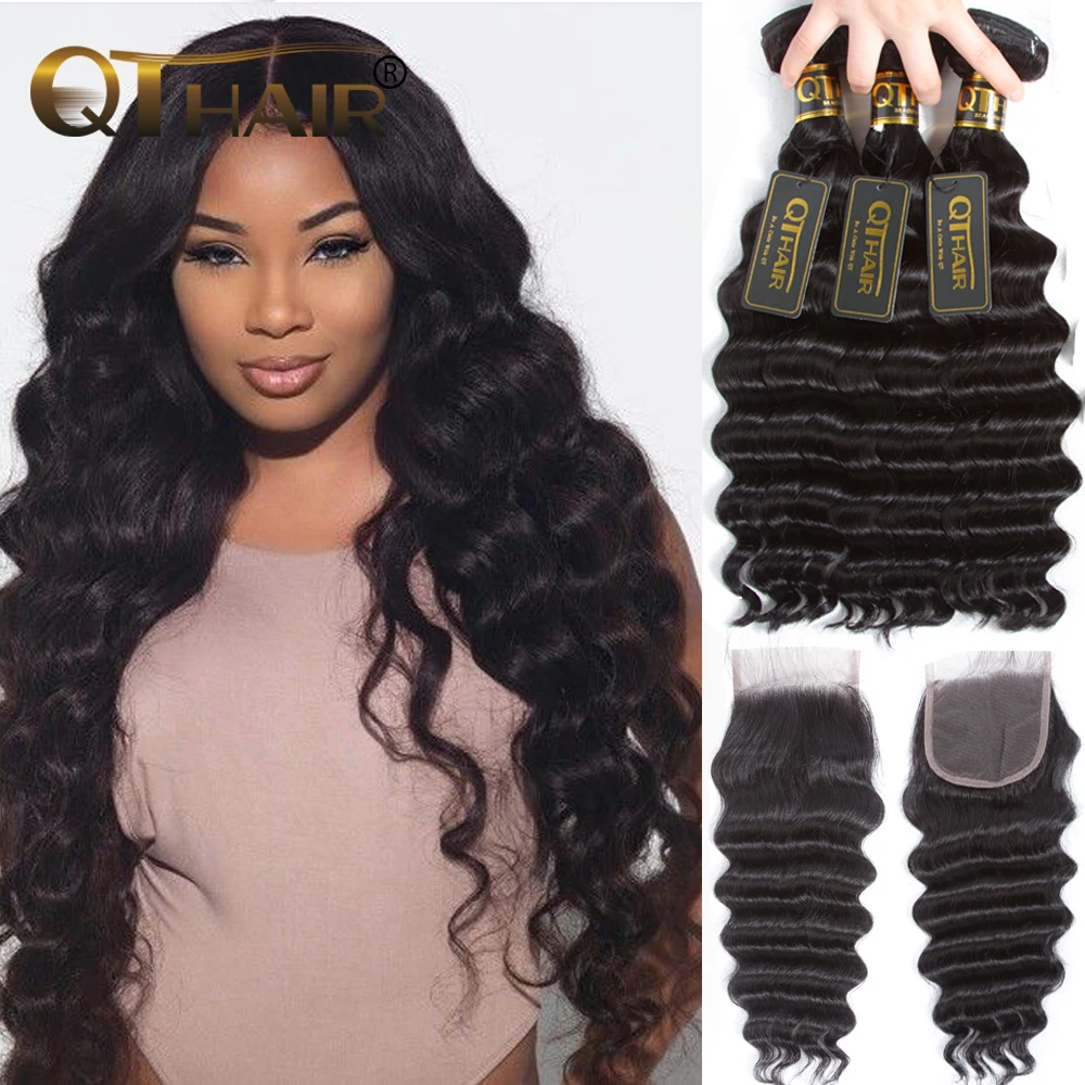 online Solta Onda Profunda Pacotes Com Fecho de Cabelo Humano Pacotes Com Fecho Brasileira Virgem Do Cabelo Weave Bundles Com Fechamento Cabelo QT