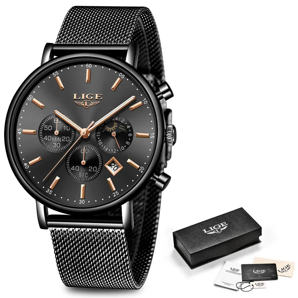 Reloj Mujer, модные женские часы, Лидирующий бренд, роскошные, нержавеющая сталь, хронограф, женские повседневные, розовое золото, синие аналоговые кварцевые часы - Цвет: rose gold black