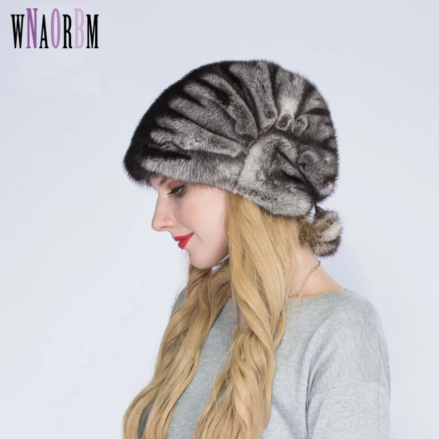

WNAORBN Natural Mink Fur Christmas hat For Women Fashion Size Can Adjust Keep Warm Lady Real Fur Winter Hats