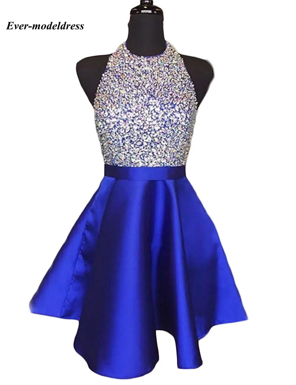 Royal Blue Блестящие Кристальные короткие платья подружки невесты на бретельках открытая спина Бисероплетение линия выше колена атласные синие красные выпускные недорогие вечерние платья - Цвет: Royal Blue