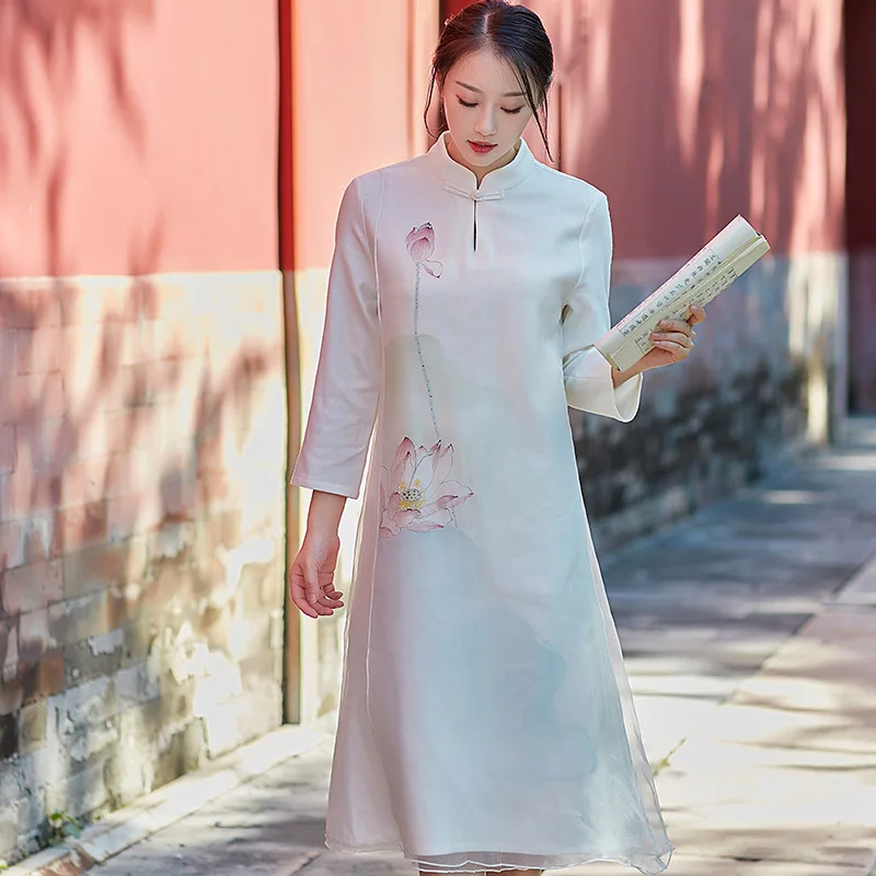 

hand-painted silk autumn winter dress Chinese Style Vintage Retro Cheongsam Long Slim Dress Chinese Zen Tea Clothing Women