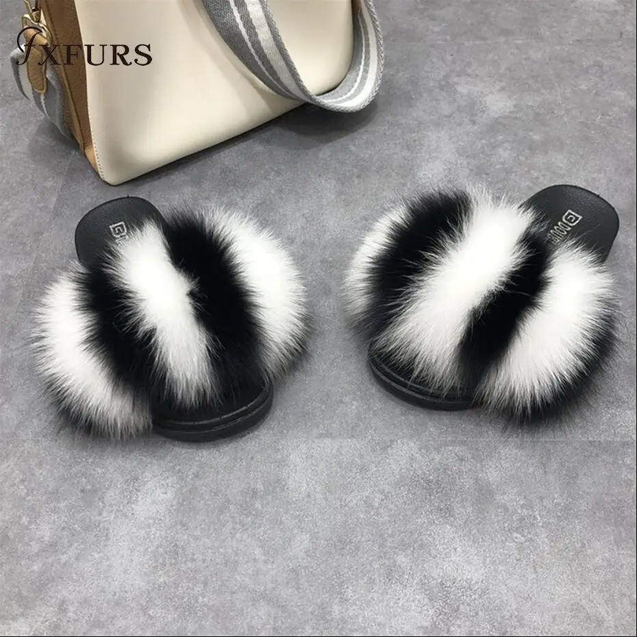 FXFURS/Новинка года для женщин натуральный мех лисы шлёпанцы для летние модные Мех животных сандалии девочек пляжные сандалии обувь пушистые