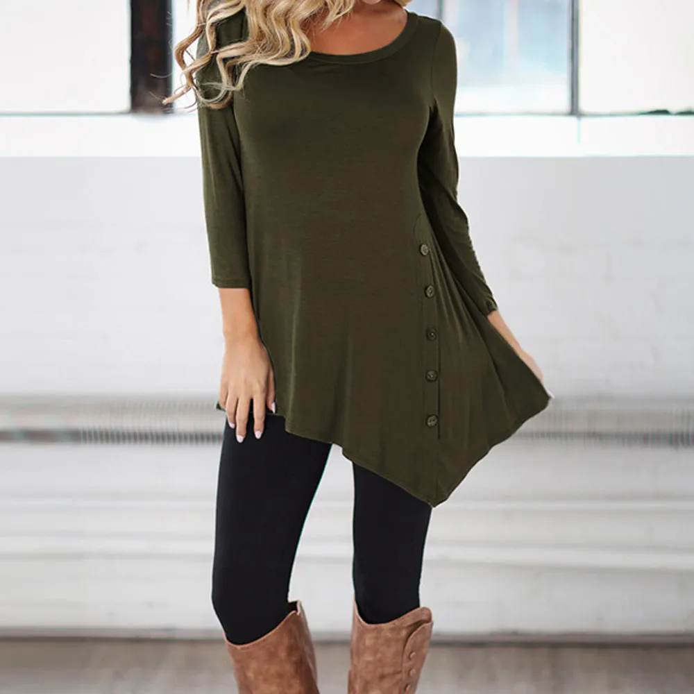 Army Green Корейские летние женские рубашки с круглым вырезом, повседневные женские Топы с длинным рукавом и пуговицами, одноцветные женские блузки, женские топы и блузки - Цвет: Army Green