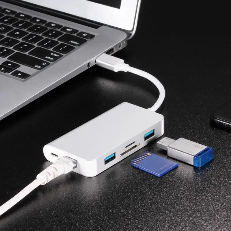 6 в 1 Тип C концентратор Тип с разъемами типа C и 2 Порты и разъёмы s USB3.0 RJ45 SD TF карты зарядка PD Порты и разъёмы Кабельный адаптер-переходник для Macbook