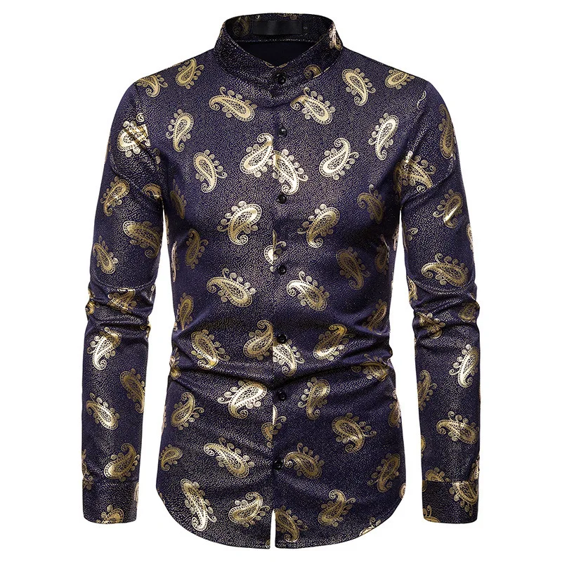 New Luxury Gold Foil Print Shirt Men Casual Dress Shirts Wedding night-club dance Tuxedo Shirt Male Stage Singer Wear Shirt Tops - Цвет: Navy