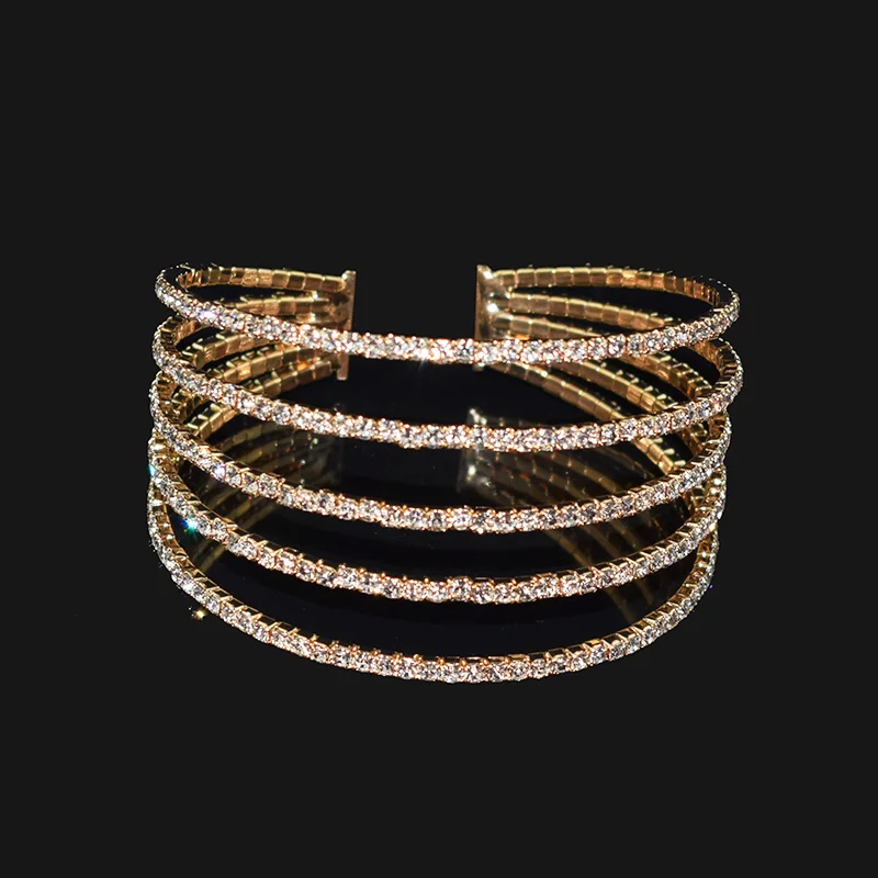 5 rows of gold Изысканный Женский Открытый браслет с кристаллами, браслет ручной работы из золота и серебра, многослойный браслет с кристаллами, свадебные ювелирные изделия - Окраска металла: 5 rows of gold