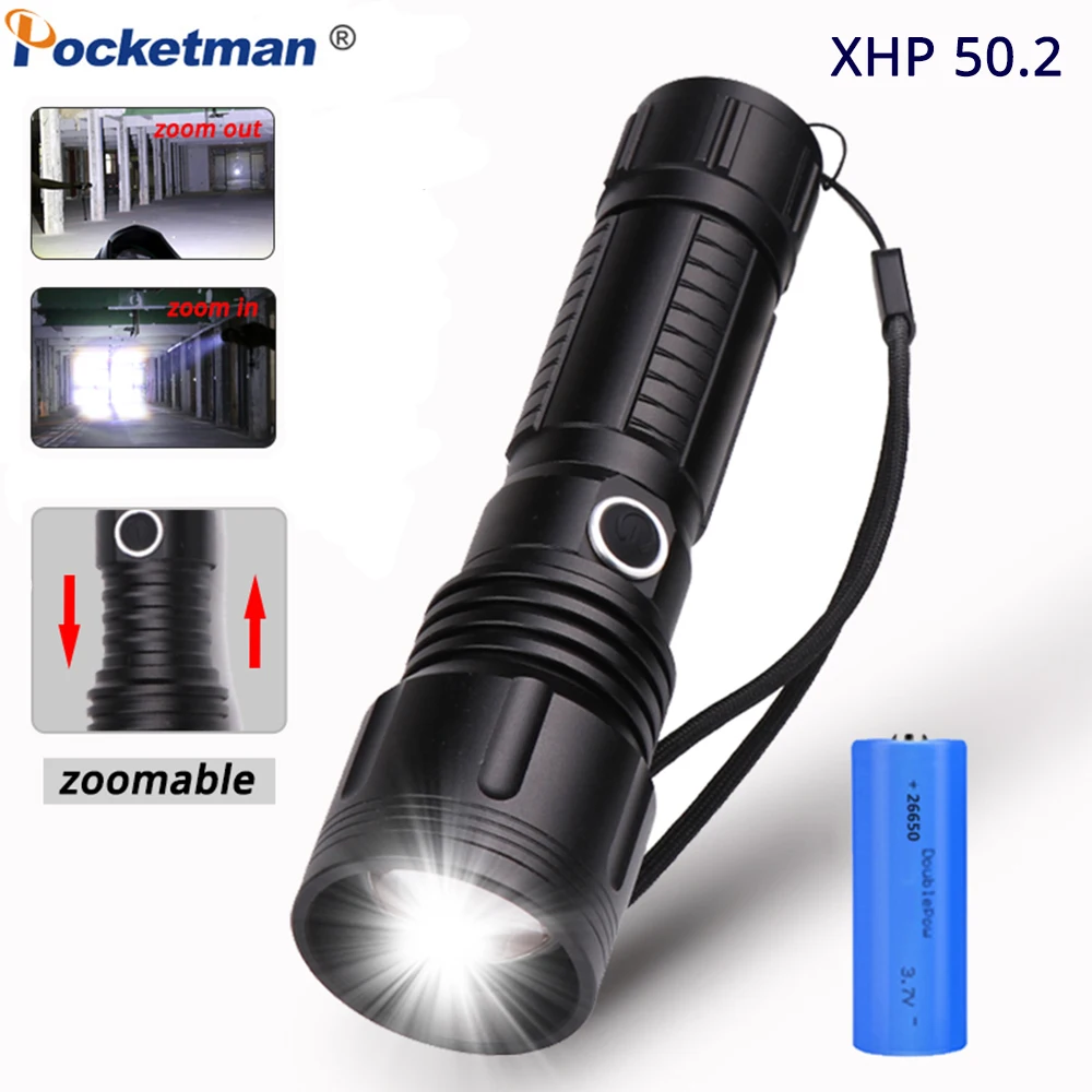 

40000LM XHP50 Flashlight Powerful Zoomable LED Torch 5 Modes Rechargeable Lantern Long Distance Lighting 18650/26650 Battery