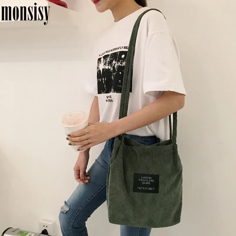 

Monsisy Women Shopping Bag Girls Corduroy Shoulder Bag Female Solid Big Capacity Beach/Travel Crossbody Bag Ladies Folding Bag