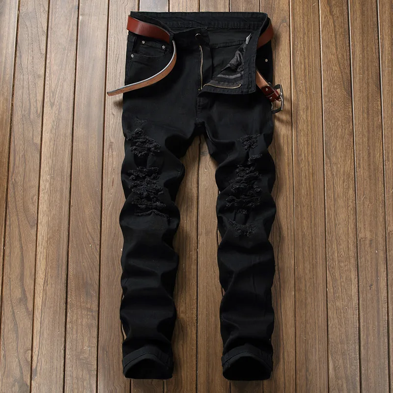 LLYGE мужские джинсы черные из денима брюки Slim Fit хип хоп плиссированные Стрейчевые джинсы брюки мужские мото байкерские рваные пакет уличная