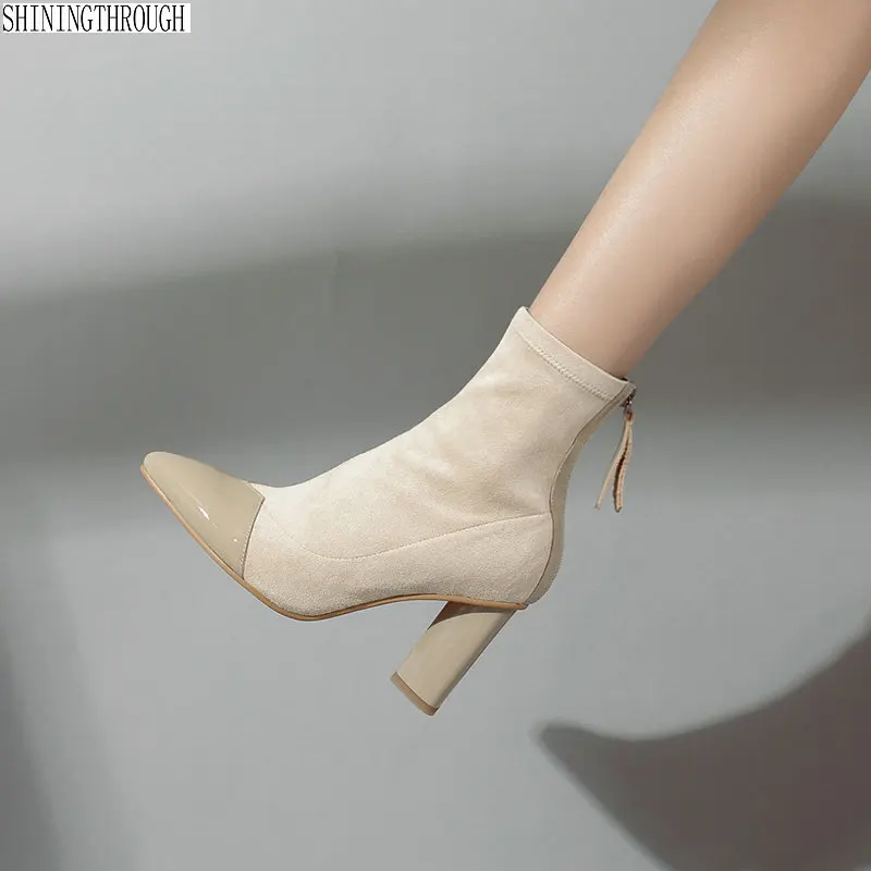 

Genuine leather Women high heels ankle boots poined toe zipper ladies shoes woman autumn winter boots apricot black