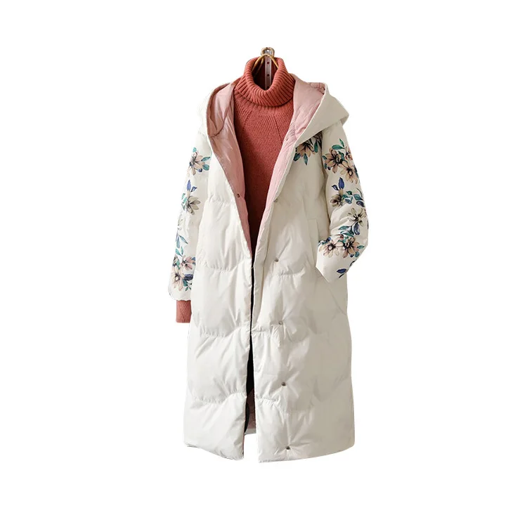 Literary Retro Down Jacket Printing Loose Long Hooded Down Jacket Coat Women Winter White Black Literary Retro Down Jacket Printing Loose Long Hooded Down Jacket Coat Women Winter White Black